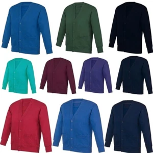 Girls Boys Button Up Pockets School Cardigan Adults Long Sleeve Uniform Sweater - Picture 1 of 11