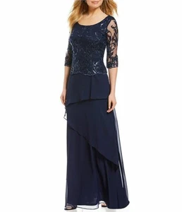 Le Bos Navy Mock 2-Piece Embroidered Bodice Chiffon Gown.SZ:10 - Picture 1 of 10