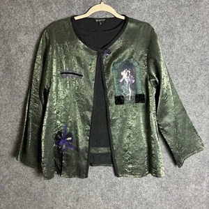 Lee Andersen Jacket Women's Small Green Black Floral Crinkle Art to Wear 2 Piece - Picture 1 of 18