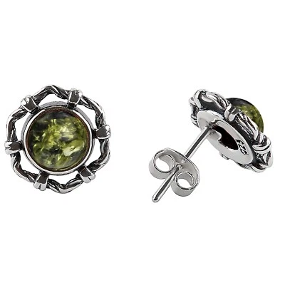 925 Твердое серебро зеленый балтийский янтарь круглый классический красивый серьги-гвоздики - Изображение 1 из 4