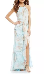 Calvin Klein Halter Gown Dress Sz 6 Embellished Floral Chiffon Fairy Satin Lined - Picture 1 of 10