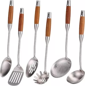 18/10 Stainless Steel Kitchen Utensils Set with Wood Handle - 15” Long Metal - Picture 1 of 8