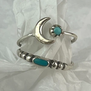 Set of (2) Sterling Silver 925 Rings - Turquoise Boho Moon Star Navajo Band Sz 8 - Picture 1 of 6