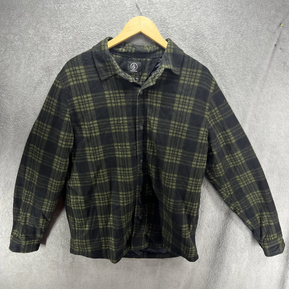 VOLCOM Men's M Lined Jacket Snap Closure Long Sleeve Black/Green Plaid Logo - Image 1 of 4