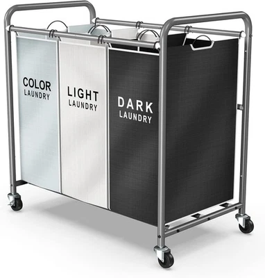Cesta clasificadora de ropa triple rodante de alta resistencia con bolsa extraíble cromada 3 secciones Foto 1 de 4