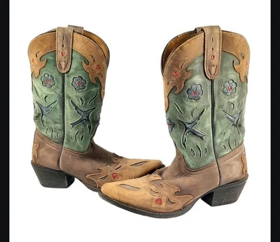 Dan Post L Youth Brown Leather Floral Wing Tip Cowboy Boots. Size 4/ Womens 5.5 - Image 1 of 4