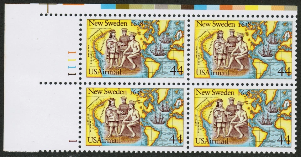 US USA Sc# C117 MNH FVF PL# BLOCK Settlement New Sweden Indians Map Ships - Image 1 of 1