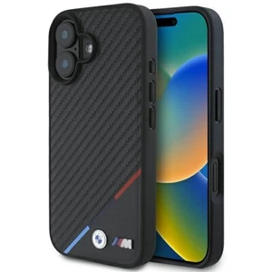 Custodia iPhone 16 Plus BMW Carbon Look MagSafe Tricolore Nero Logo Metallo - Foto 1 di 8