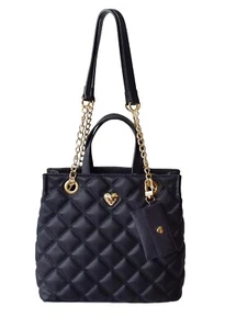 Betsey Johnson Shoulder Bag 2-Pc Set Diamond Quilted Faux Leather Bag Black NEW - Picture 1 of 10