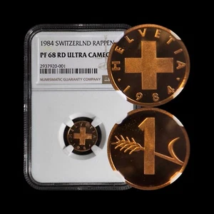 SWITZERLAND. 1984, 1 Rappen - NGC PF68 - Swiss Cross, Wheat Spike RARE - Picture 1 of 5