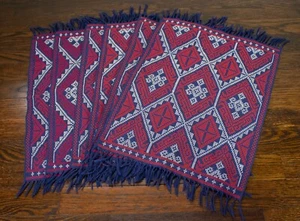 Set of 6 Navy Blue Orange & White Embroidered Cloth Placemats - Picture 1 of 8