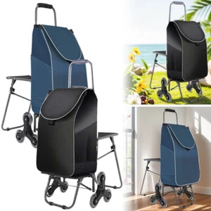 Portable Shopping Cart with Waterproof Bag and Seat Foldable Stair Climbing Cart - Picture 1 of 17