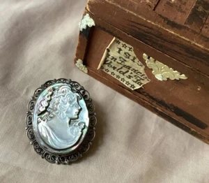 Abalone Inlay Carved Woman Cameo Brooch Pin Pendant Silver 800 Signed Vintage - Picture 1 of 10