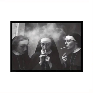 Nuns Smoking Framed Canvas Art Poster Black and White 60cm x 40cm - Picture 1 of 5