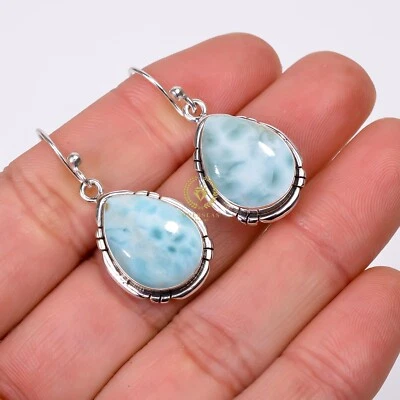 Natural Larimar Gemstone Earring 925 Sterling Silver Drop/Dangle Earring For Her - Image 1 of 4