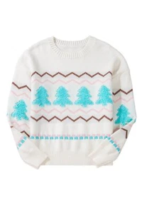 Turquoise Christmas Tree Sweater – Cute Winter Sweater, Striped Sweater, White - Picture 1 of 12