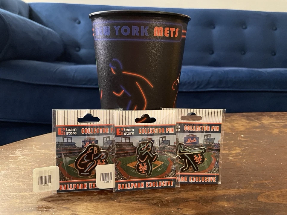 Limited Edition Shea Stadium NY Mets Cup and Neon Batter, Pitcher, Catcher Pins - Image 1 of 4
