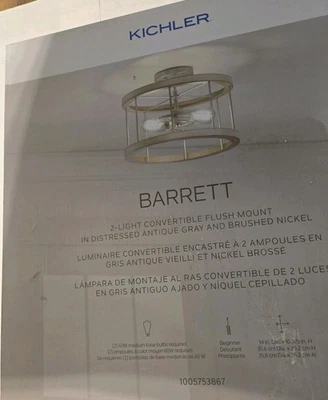 KICHLER Barrett 14 in. 2-Light Hallway Convertible Flush Mount Ceiling Light NEW - Image 1 of 2