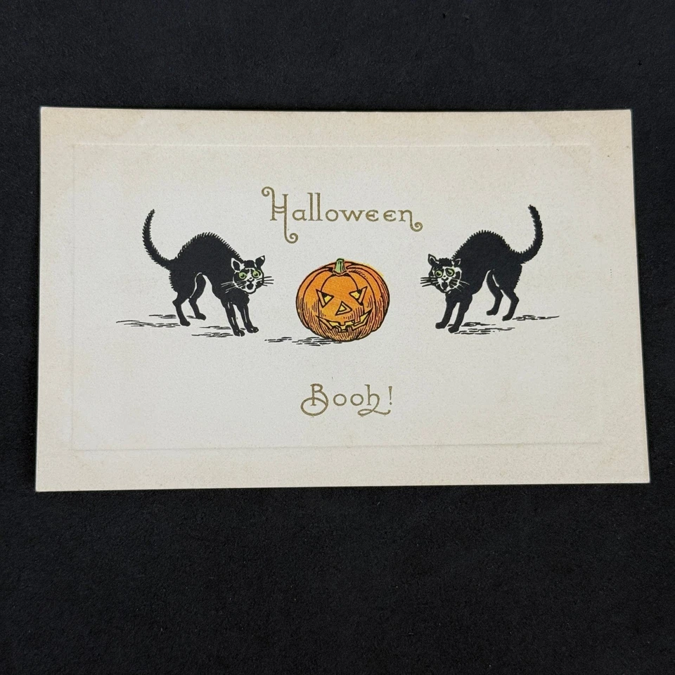 Postal de Halloween vintage gatos negros calabaza ¡Boo! Copyright 1911 coleccionable Foto 1 de 4