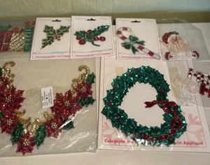Menge 12 Weihnachten Pailletten & Perlen Applikationen Patches Vintage New Old Stock - Bild 1 von 14