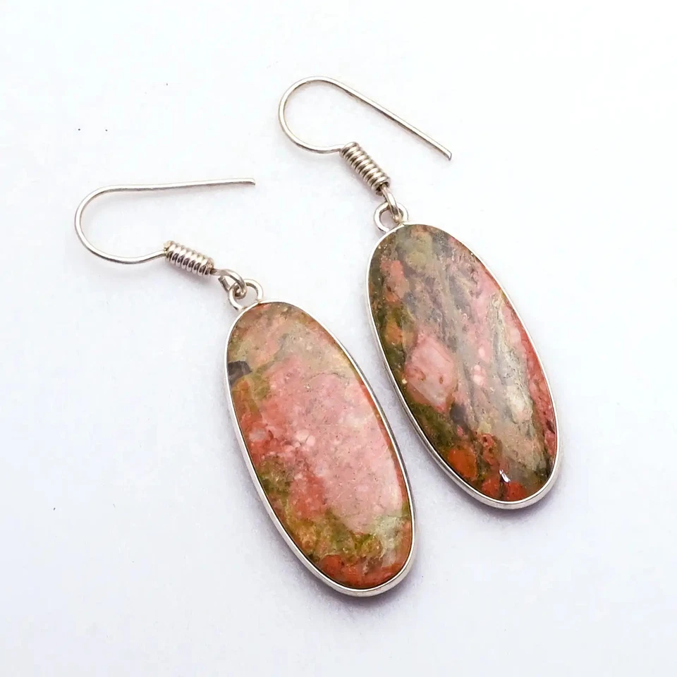 Pendientes colgantes hechos a mano de piedras preciosas Unakita joyería para ella 1,6" AE-88594 Foto 1 de 1