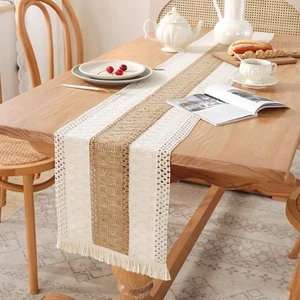 Farmhouse Rustic Style Table Runner Cream Brown Table Cover Decor for Summer - Picture 1 of 11