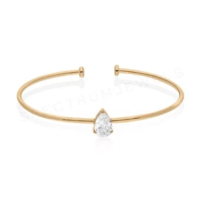 0.39 Ct SI/H Solitaire Pear Diamond Cuff Bangle 18k Yellow Solid Gold Bracelet - Picture 1 of 9