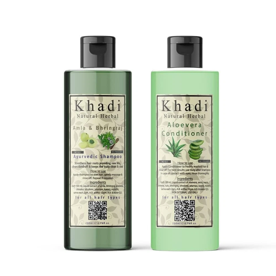 Khadi 天然草药 Amla-Bringraj 洗发水 Aloevera 护发素组合每 210 毫升 — 第 1/4 张图片