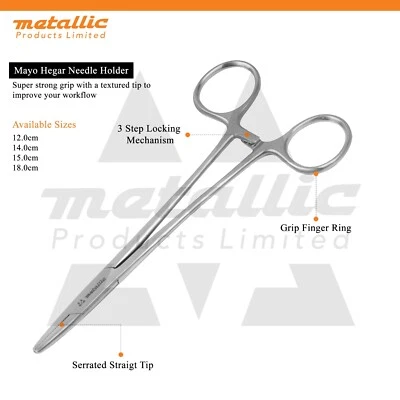 METALLIC Mayo Hegar Needle Holder Forceps Surgical Suture Veterinary Dental 12 14 15 18cm