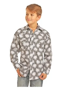 Rock & Roll Cowboy Boys Palm Print Long Sleeve Western Snap Shirt Medium B8S1141 - Picture 1 of 3