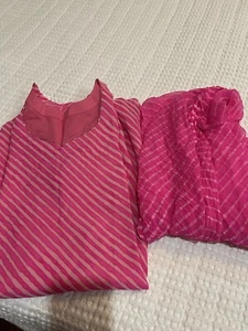 HOLI rosa weiß Lehariya Kurta Dupatta Set Salwaar einzigartig Kurta Chiffon - Bild 1 von 3