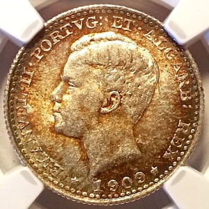 NGC MS63 - Portugal 100 reis 1909 coin (D. Manuel II; SILVER; Excellent toning!) - Picture 1 of 4
