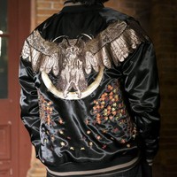Mens Souvenir Jacket Sukajan Japanese Pattern Embroidery REVERSIBLE Phoenix Bird