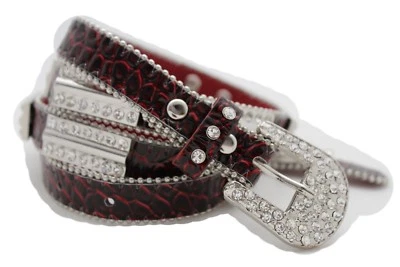 Mujeres Plateado Metal Bling Hebilla Moda Estrecho Rojo Negro Cinturón Cadera Western Talla L Foto 1 de 4