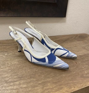 DOLCE & GABBANA WHITE BLUE FABRIC SLINGBACK PUMPS EU Sz 37 US Sz 7 MADE N ITALY - Picture 1 of 10