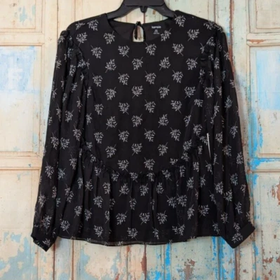 Blusa Top Kensie Mujer Talla XS Negra Manga Larga Floral Cuello Redondo KS0K4770 Foto 1 de 4