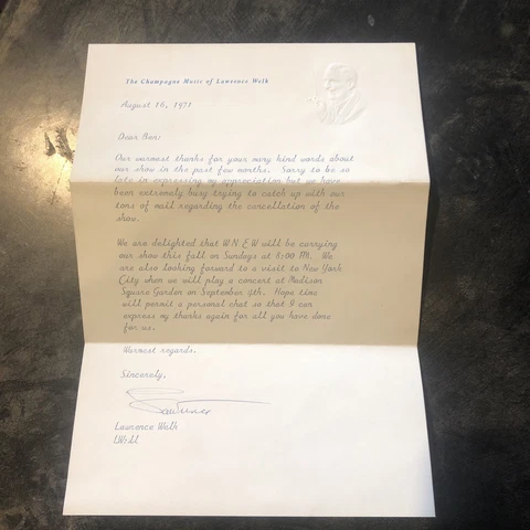 LAWRENCE WELK TYPED LETTER SIGNED REGARDING SHOW CANCELLATION , SYNDICATION Cover