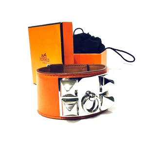 Preowned HERMES Collier de Chien Cuff Bracelet, Silver/Orange SRP $1,125 - Picture 1 of 2