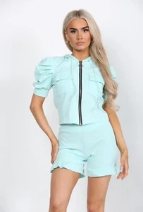 Women Ladies Front Pocket Zip Up Suit Ribbed Hooded Lounge Wear Short Set Co ord - Picture 1 of 20