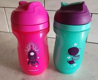 LOT OF 2 Tommee Tippee Sippy Cups 9 0z Green Pink Space Dishwasher Safe Flip Lid - Image 1 of 4