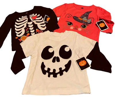 Lote de 3 Camisas Niñas 12 Meses Conjunto Disfraz Rosa Gato Boo Murciélagos Calavera Halloween Foto 1 de 4