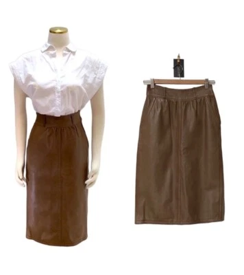 Falda lápiz midi vintage de cuero mantequilla Versace, cervatillo, XS Foto 1 de 4