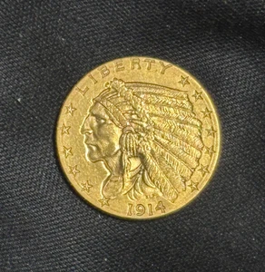 Moneda india de oro de Estados Unidos 1914-D $2,50 cuarto de águila 1/4 dólar 4,16 g ALTA CALIDAD - Imagen 1 de 9