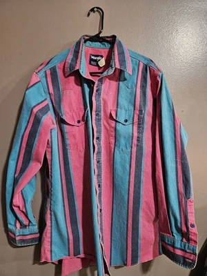 Vintage Wrangler Striped Brushpopper Brush Popper Western Shirt Lg 16 1/2 - 34 - Image 1 of 4
