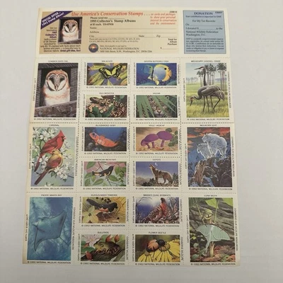 1992 Wildlife Federation Stamps Sheet- Conserve Our Wildlife Resources Owl Crane - Image 1 of 4