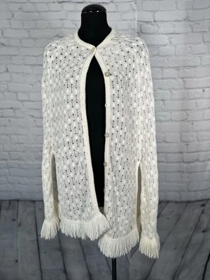 Vintage 70s Boho Sears White Sweater Knit Crochet Cape Fringed S/M - Image 1 of 4