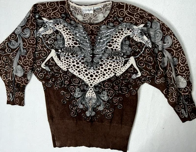 Suéter de Colección Mujeres Talla Pequeña Años 80 Cedros Suave Lana de Cordero Angora Lentejuelas Caballo Occidental Foto 1 de 4
