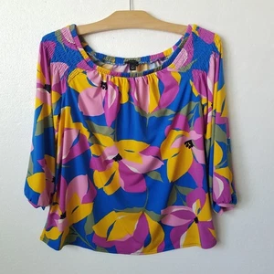 Ann Taylor Womens M Floral Top Off The Shoulder Smocked Bright Colorful Retro - Picture 1 of 7