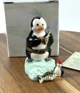 Porcelain Hinged Trinket Box Penguin Fishing - Picture 1 of 11