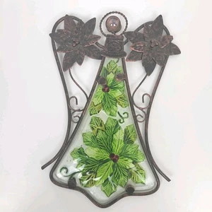 Vintage Messingdraht irisierender Glas Engel ~ handbemalte Stechpalme & Beeren ~ Baumkörper - Bild 1 von 6